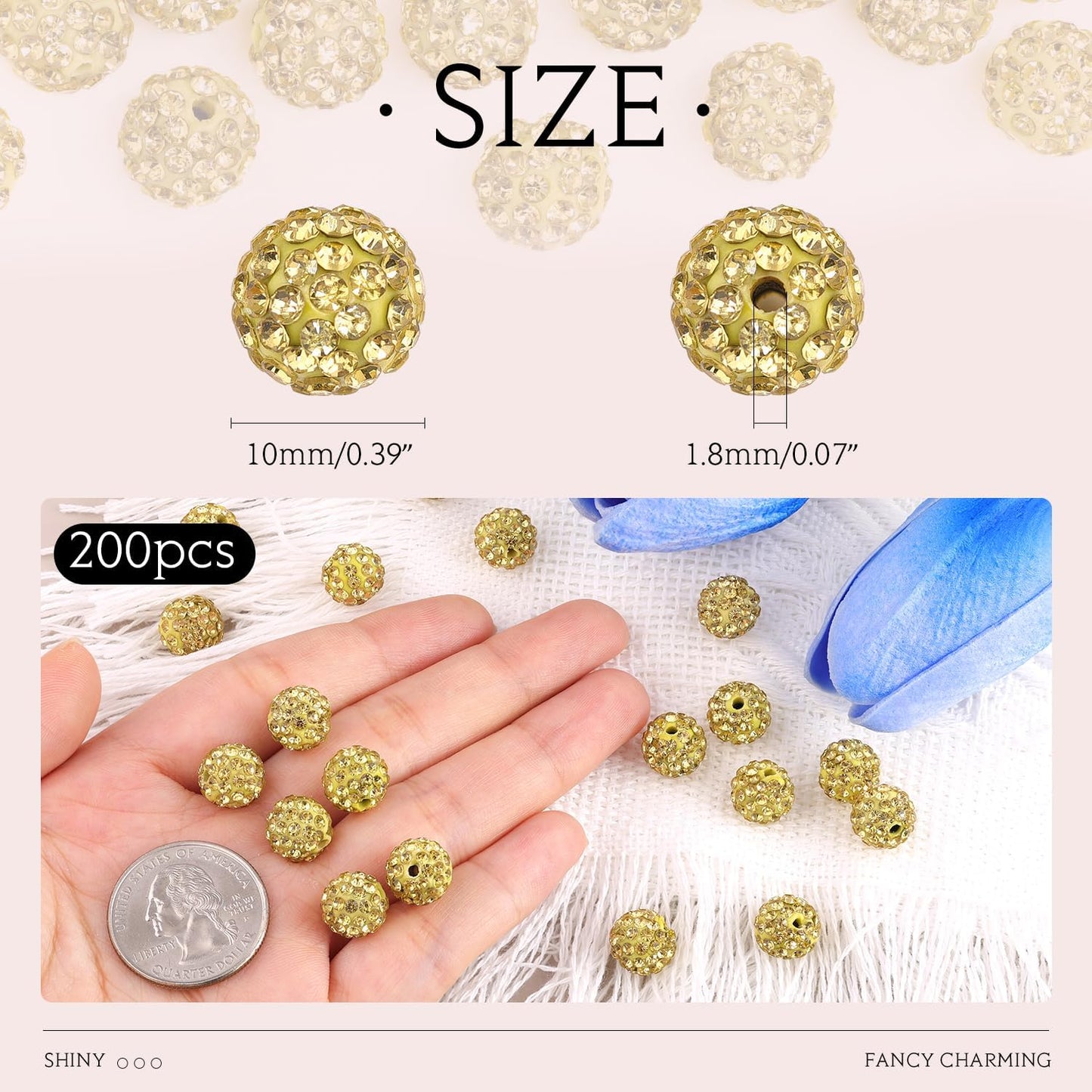 200pcs 10mm Light Yellow Rhinestone Beads for Jewelry Making, Shiny Round Shamballa Disco Ball Beads, Sparkle Crystal Clay Christmas for Bracelet Baseball Necklace Earring Crafting and DIY