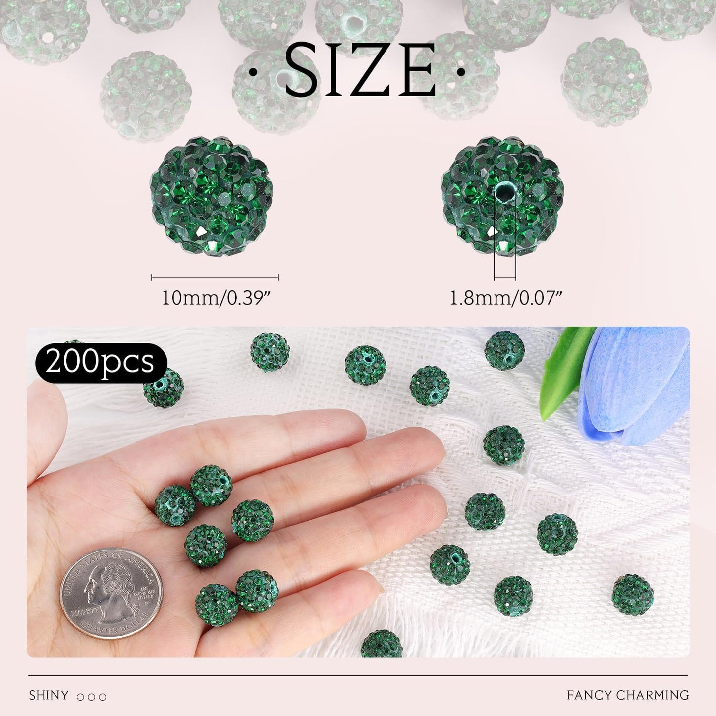 200pcs 10mm Emerald Rhinestone Beads for Jewelry Making, Shiny Round Shamballa Disco Ball Beads Bulk, Sparkle Crystal Clay Christmas for Bracelet Baseball Necklace Earring Crafting and DIY