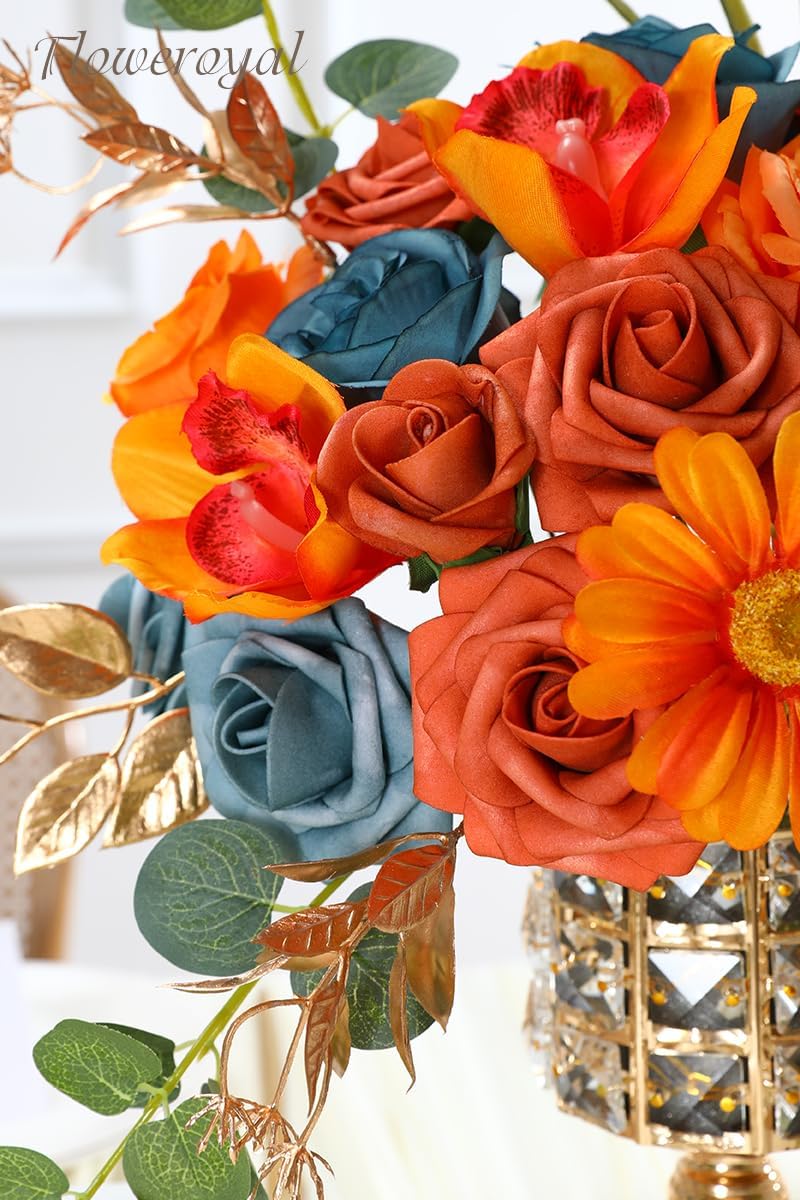 Floweroyal Artificial Flowers Combo Orange Flowers Mix Silk Flowers Fake Roses with Stems for DIY Wedding Bridal Bouquets, Baby Shower, Floral Arrangement, Table Centerpieces, Home Decorations