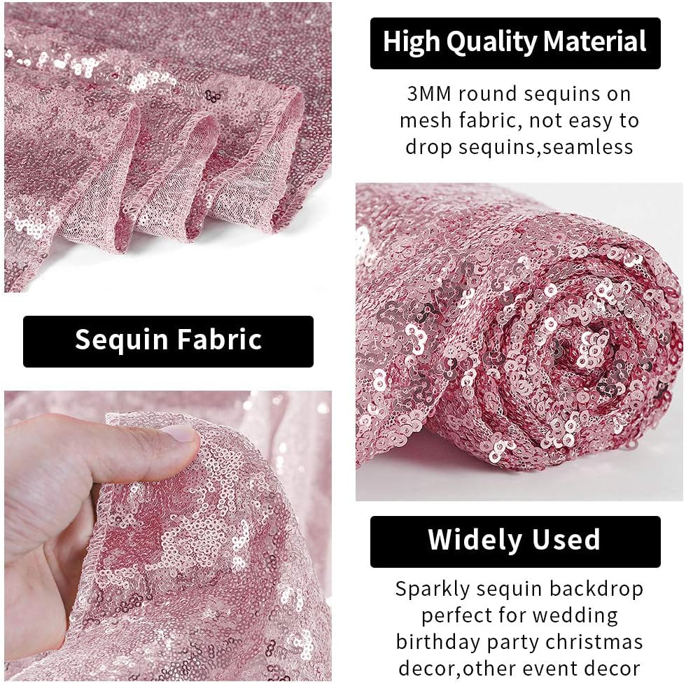 Hahuho Rose Pink Sequin Backdrop Curtain, 4PCS 2FTx8FT Glitter Backdrop Curtain for Parties, Christmas, Wedding, Banquet Decoration（4 Panels, 2FT x 8FT, Rose Pink）