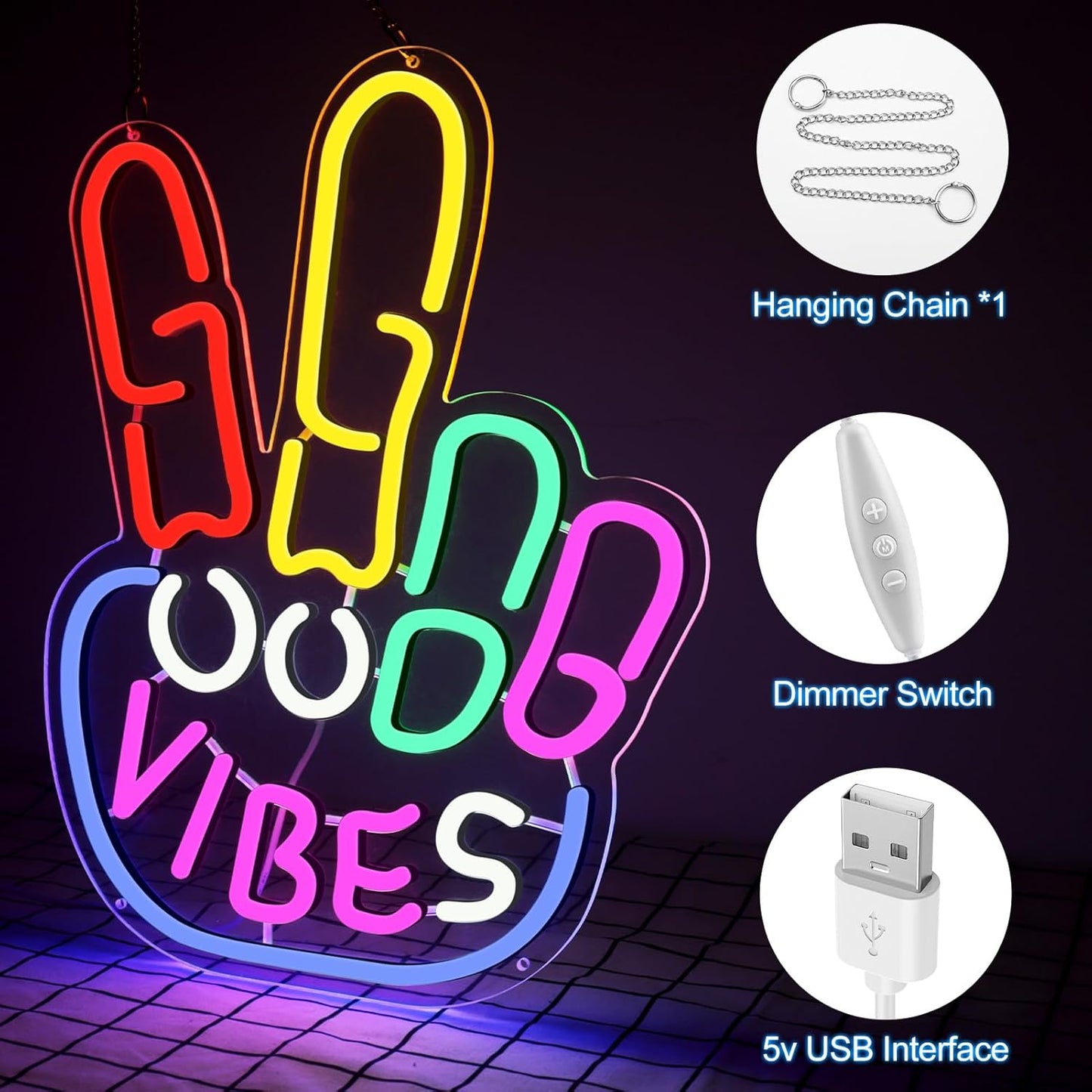 Good Vibes Neon Sign, Yeah Good Vibes Neon Sign for Wall Decor, Dimmable USB-Powered Sign with ON/OFF Switch, Colorful LED Light-Up Sign for Bedroom, Nursery, Club, Bar, and Party Decor