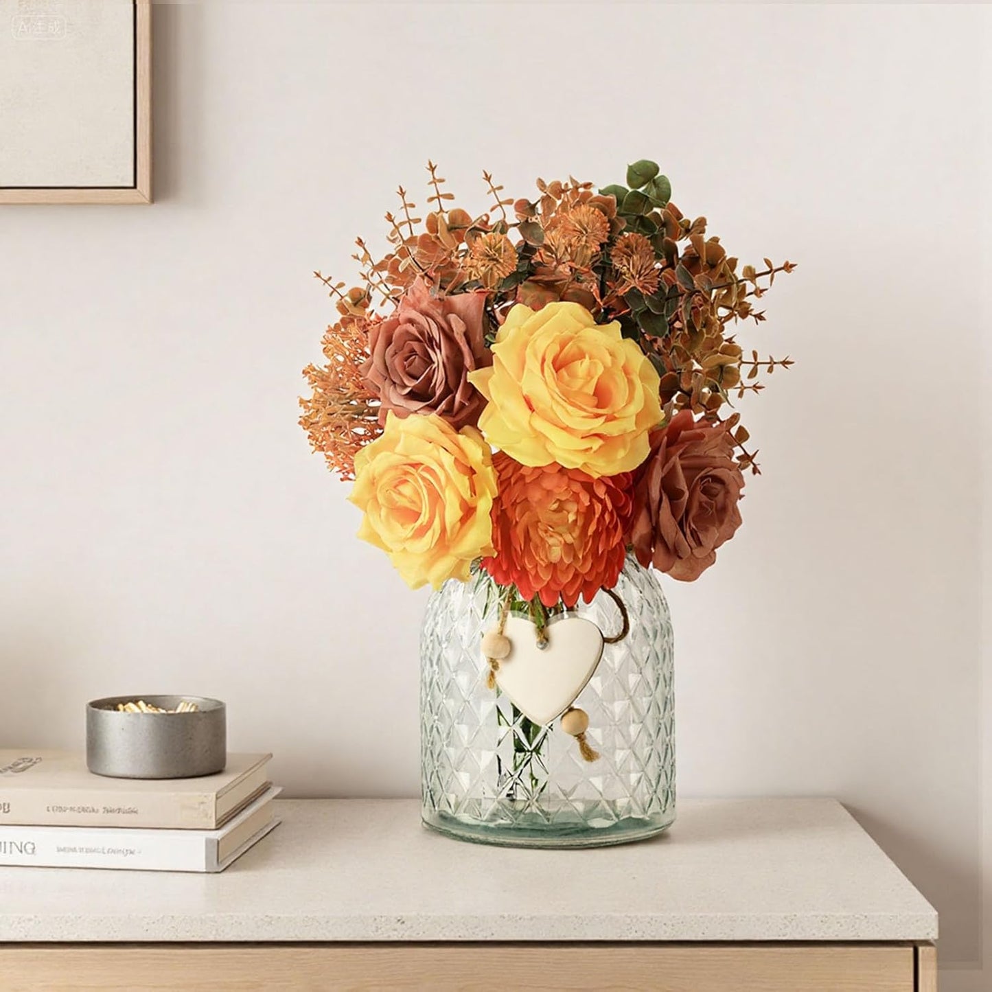 Artificial Fall Flowers in Vase, Yellow Silk Rose with Eucalyptus, Faux Plant Floral Centerpiece for Home Office Dining Table Decor, Fake Hanksgiving Wedding Living Room Farmhouse Autumn Decorations