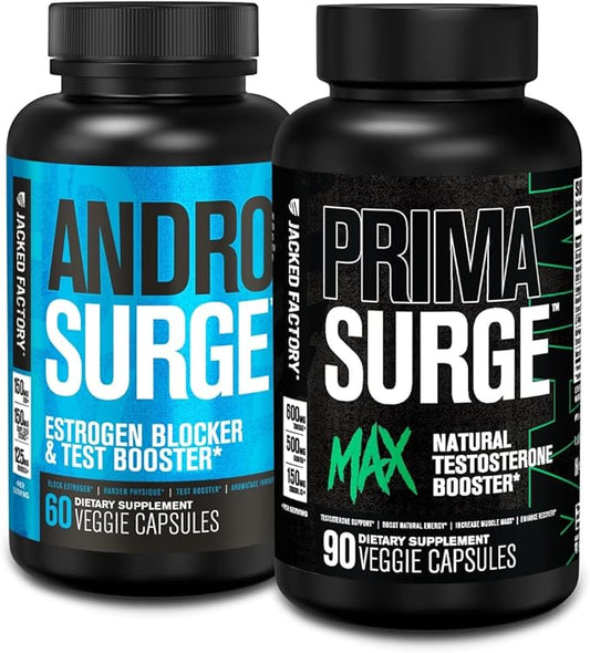Jacked Factory Androsurge Estrogen Blocker & Natural Testosterone Booster for Men (60 Capsules) & Primasurge Max Mens Testosterone Booster (90 Capsules)