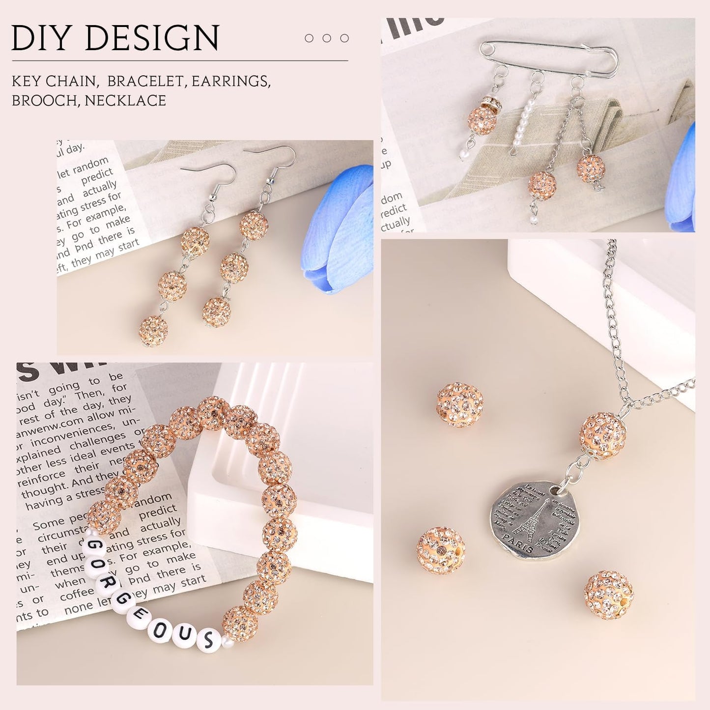 150 pcs 10mm Rhinestone Beads for Jewelry Making, Light Peach Shiny Round Shamballa Disco Beads Bulk, Sparkle Crystal Clay Christmas for Bracelet Baseball Necklace Earring Crafting and DIY