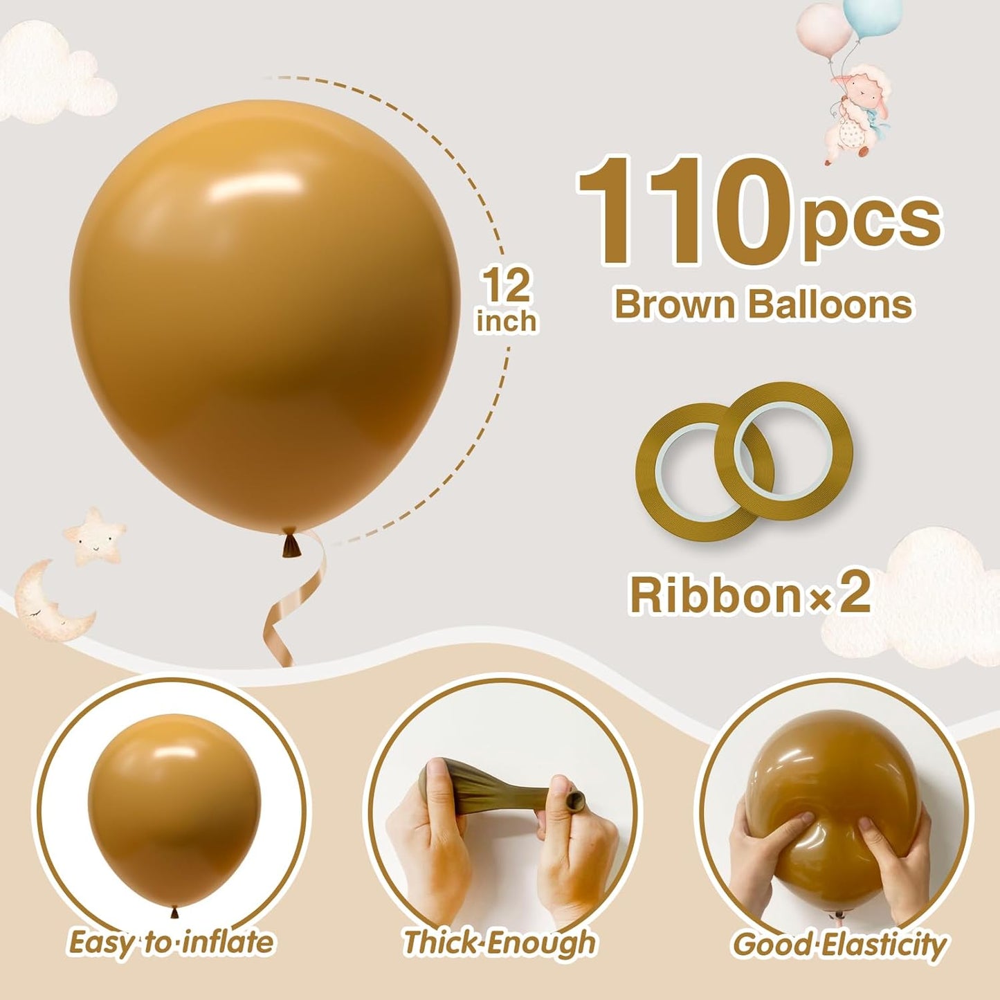 110pcs Brown Balloons 12 Inch Latex Balloon Arch Kit for Birthday Baby Shower Anniversary Graduation Wedding Party Decorations