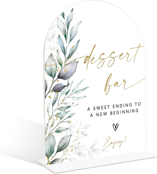 Acrylic Wedding Signs, Greenery Theme Dessert Bar Sign, Wedding Reception Signage, Bridal Shower Table Decor with Stand, Dessert Bar Supplies for Engagement, Anniversary, Newlywed Event and Party, 06