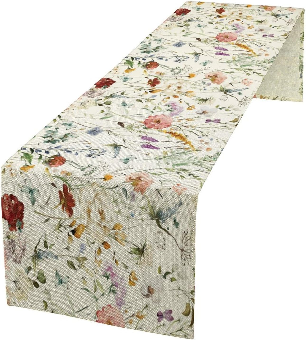 Floral Butterfly Table Runner,Rustic Colorful Flower Botanical Watercolor Pattern Print Burlap for Hotel Indoors Outdoor Dining Room Kitchen Holiday Party, 13x70in