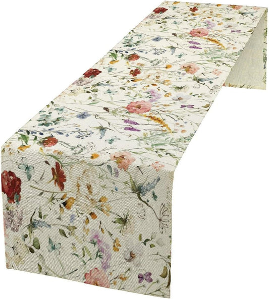 Floral Butterfly Table Runner,Rustic Colorful Flower Botanical Watercolor Pattern Print Burlap for Hotel Indoors Outdoor Dining Room Kitchen Holiday Party, 13x108in