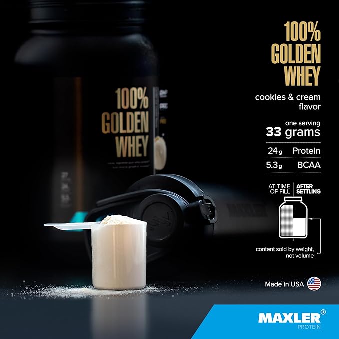 Maxler 100% Golden Whey Protein - 24g of Protein per Serving - Premium Whey Protein Powder for Pre Post Workout - Fast-Absorbing Whey Concentrate, Isolate & Hydrolysate Blend - Cookies & Cream 5 lb