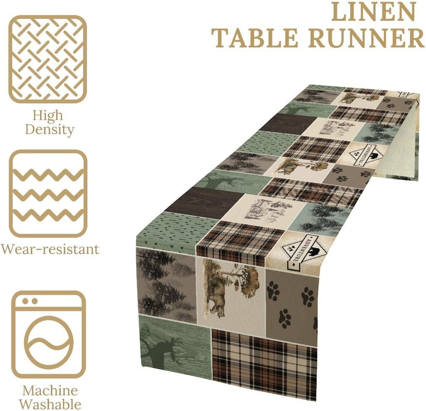 Bear Deer Table Runner,Rustic Lodge Retro Country Farmhouse Buffalo Plaid Print Tablecloth Burlap for Hotel Indoors Outdoor Dining Room Kitchen Home Decor,W13X L36 in
