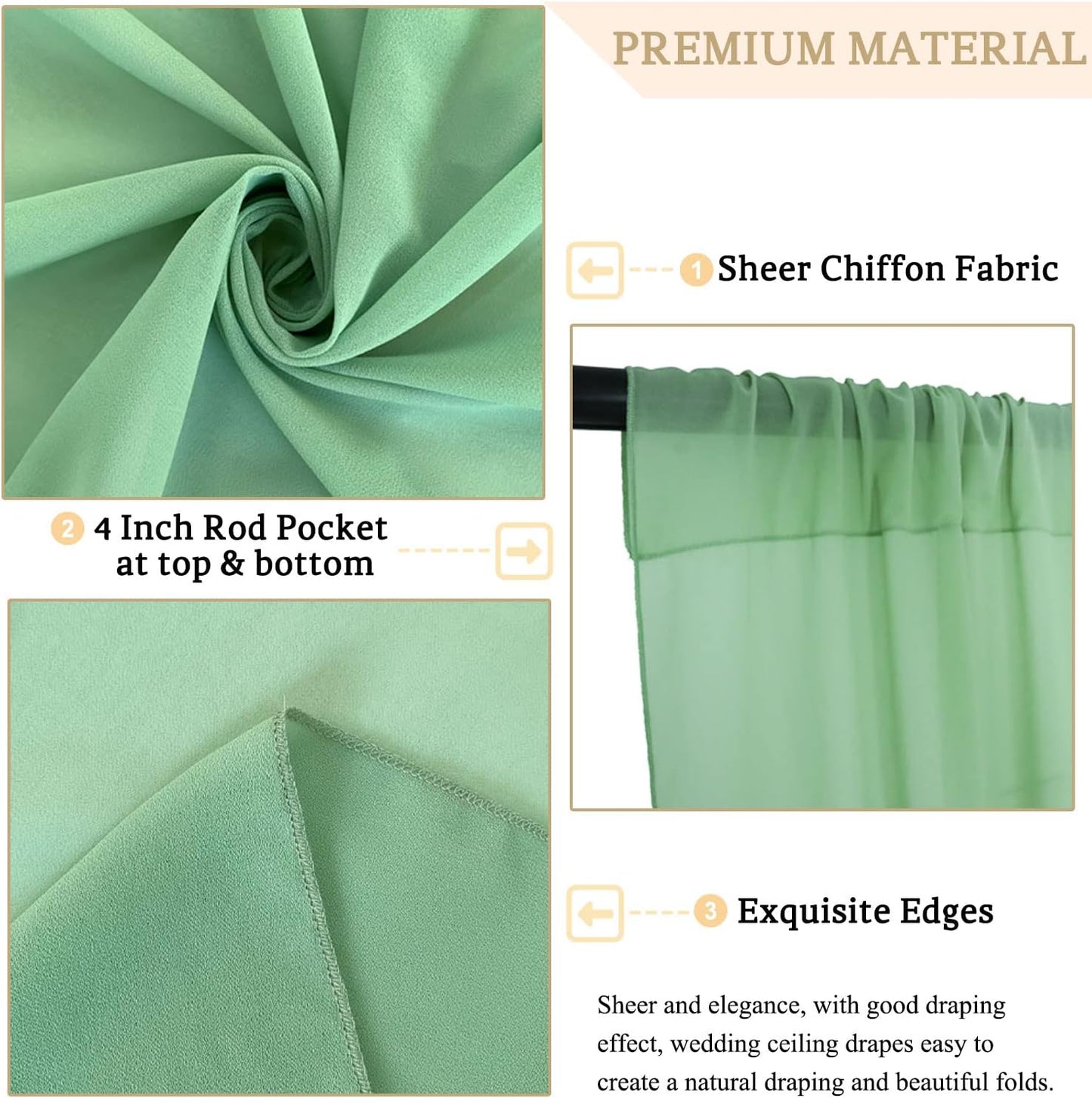 Ceiling Drapes Wedding Arch Drapes Chiffon Arch Draping 2 Panels 5x20 FT Sage Green Ceiling Decorations Sheer Backdrop Curtain for Parties Tulle Fabric Arbor Drapery Swag Ceiling Curtains for Events