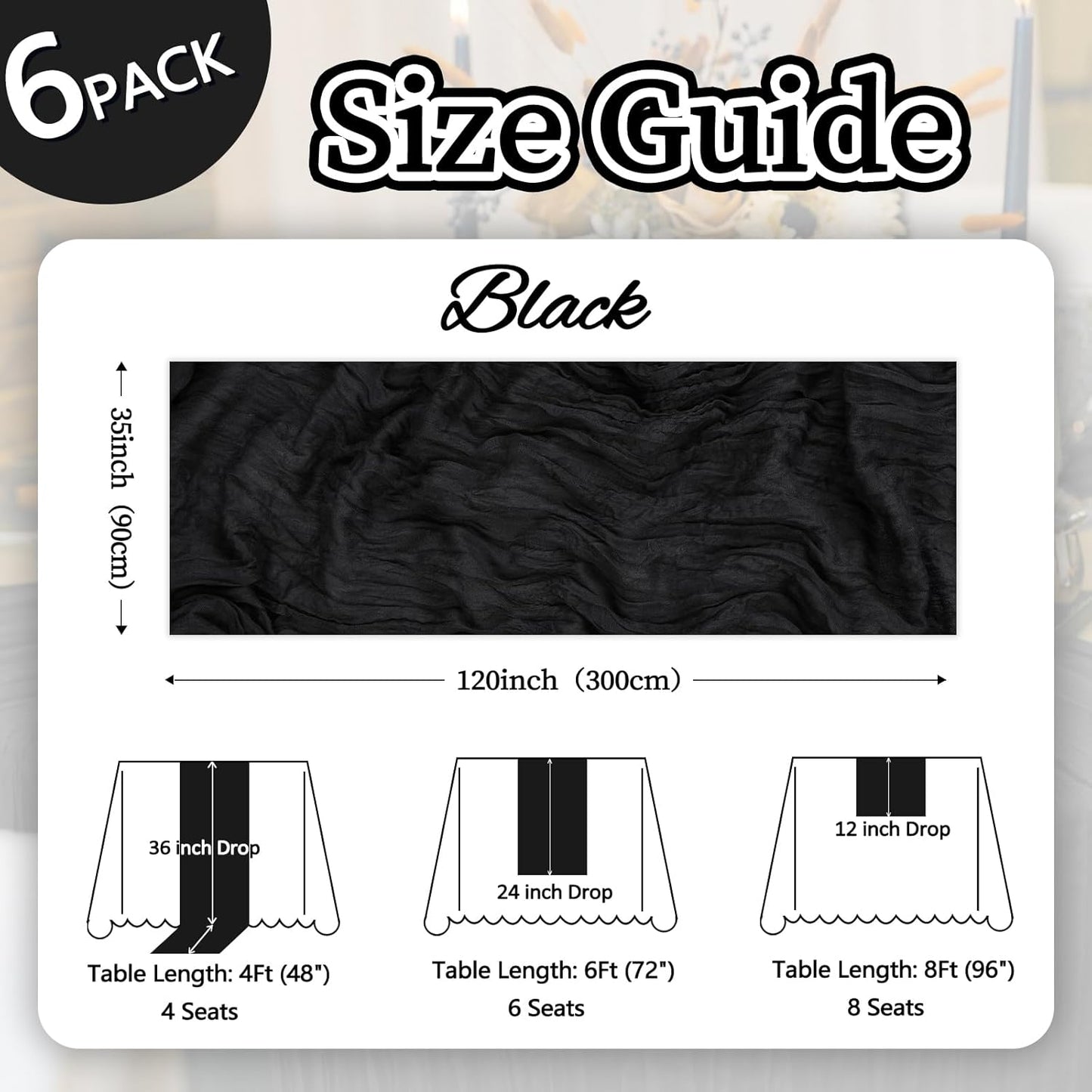 6 Pack Black Halloween Cheesecloth Table Runner 10ft Boho Gauze Fabric Cheese Cloth Table Runner 35 x 120 Inch Rustic Sheer Runner for Wedding Decor Baby Shower Party Table Centerpiece Decoration