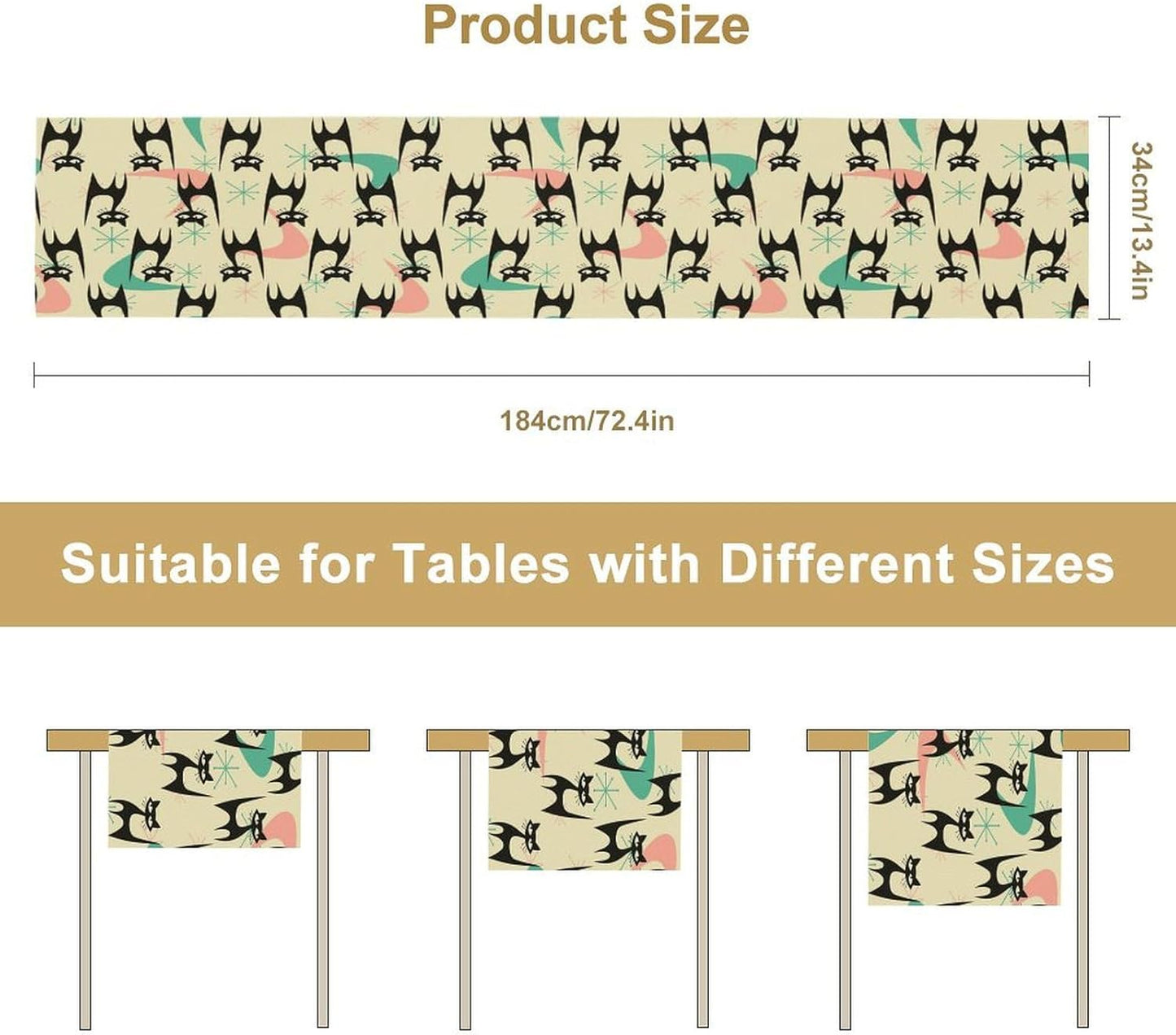 Mid Century Table Runner,Cat Geometric Stripe Colorful Abstract Pattern Print Tablecloth Burlap for Hotel Indoors Outdoor Dining Room Kitchen Holiday Party, 13x80in