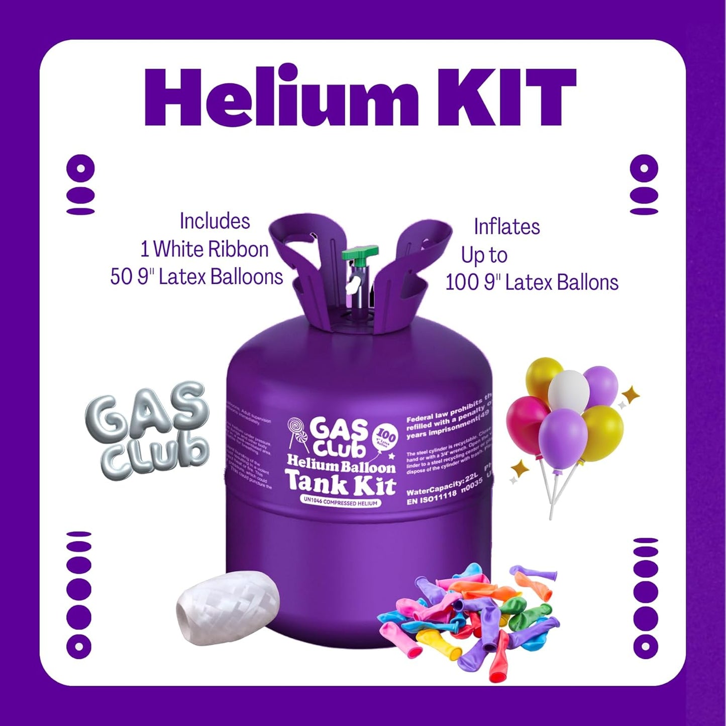 Helium Tank for Balloons At Home, 22L Balloon Kit Up To 100 Latex Balloons, Balloon Pump Kit Includes Latex Balloons and Ribbon, Perfect for Parties and Events