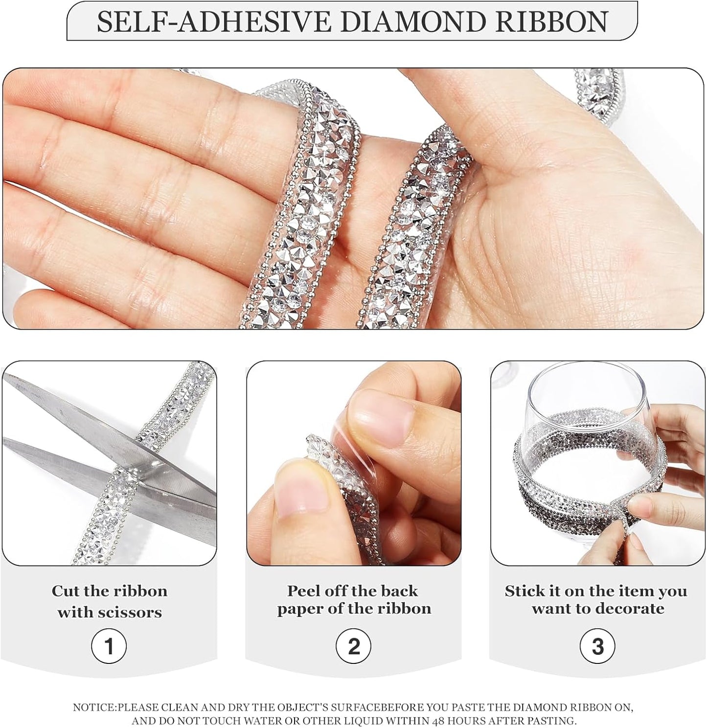 Rhinestone Ribbon 3 Yards Self Adhesive Rhinestone Strips Diamond Ribbon Sticker Crystal Roll Glitter Bling Rhinestones Tape for Crafting DIY Art Decoration (Silver,0.4 Inch)