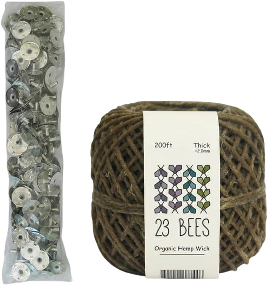 100% Organic Hemp Candle Wick 2.0mm Thick + Wick Sustainer Tabs 200pcs for Candle Making, 23 Bees, European Imported Hemp Spool 200ft with Natural Beeswax Coating