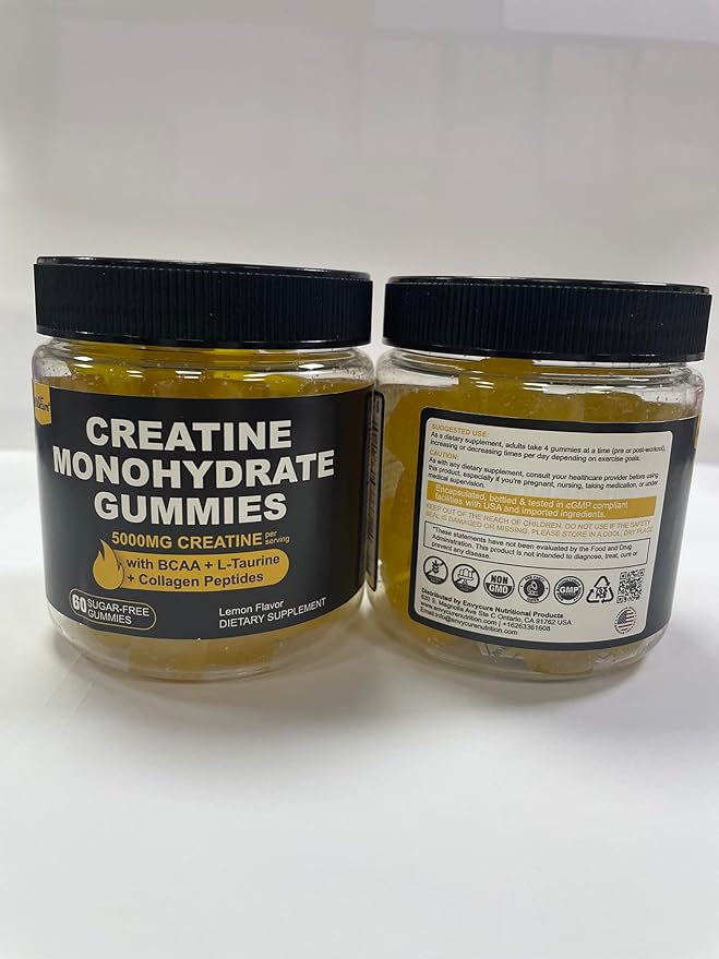 Creatine Monohydrate Gummies for Men & Women - with BCAA, Collagen Peptides, L-Taurine, Vitamin B12, D3, Chewables Creatine Monohydrate 5g Per Serving, Natural Lemon Flavor, Sugar Free, 2 Pack