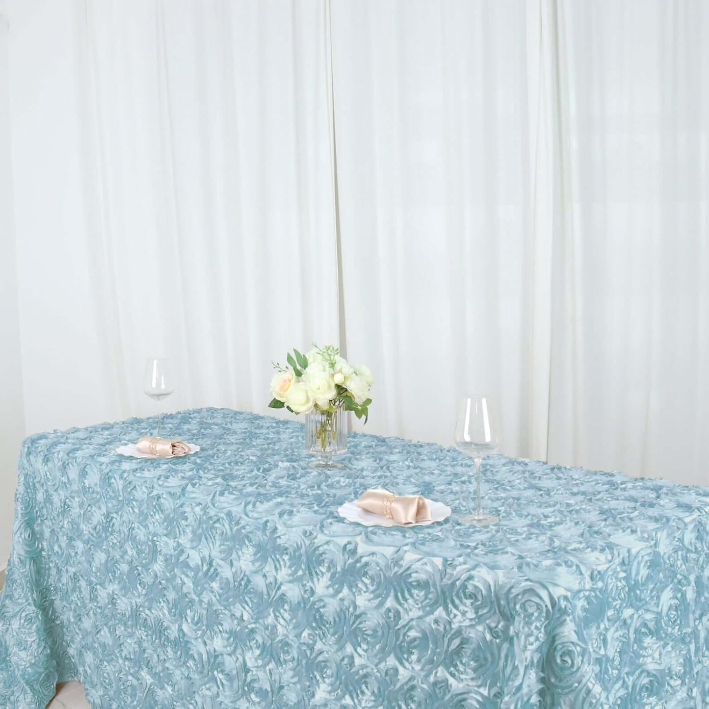 Efavormart 90"x132" Wholesale Rectangle Table Cover Light Blue Grandiose Rosette 3D Satin Tablecloth for Wedding Party Event