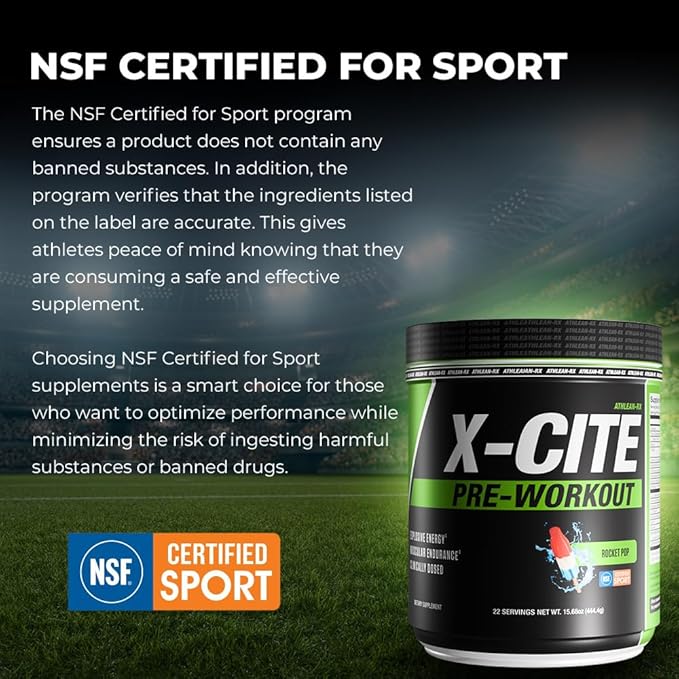 X-CITE Pre-Workout by ATHLEAN-X - Enhanced Formula with Beta-Alanine, Creatine & Caffeine for Ultimate Energy, Endurance, Focus & Muscle Pump, NSF Certified for Sports (22 Servings, Rocket Pop)