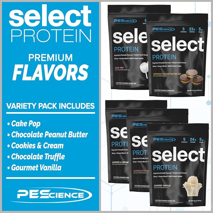 PEScience Select Protein Powder Variety Pack, 25 Serving Protein Powder Sample Pack, 5 Flavors, Whey and Casein Blend, Keto Friendly and Gluten Free