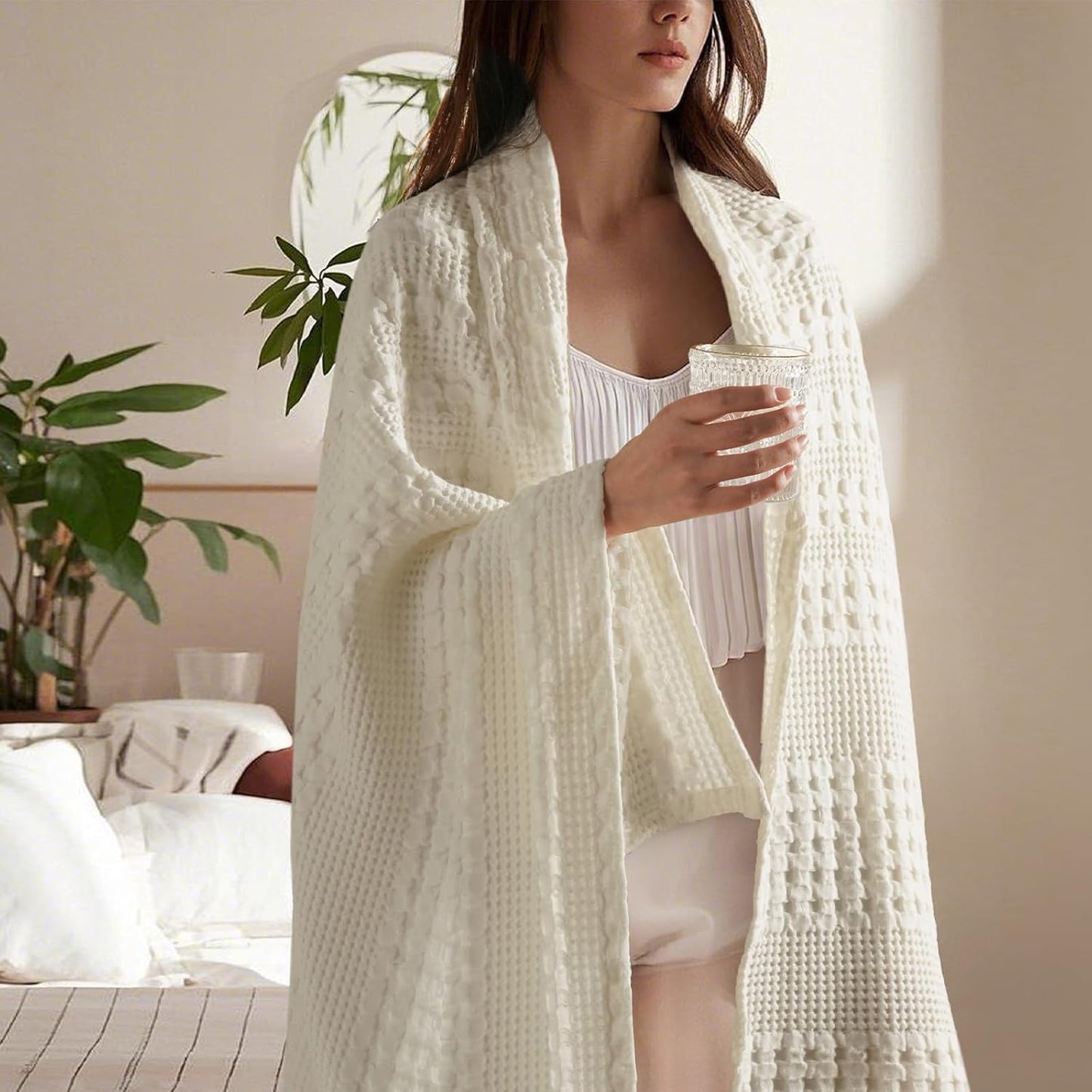 PHF 100% Cotton Waffle Weave Throw Blanket, Soft Lightweight Breathable Cozy Throws for Couch Bed Sofa, Luxury Aesthetic Woven Blanket for Home Decor & Office, 50"x60", Ivory