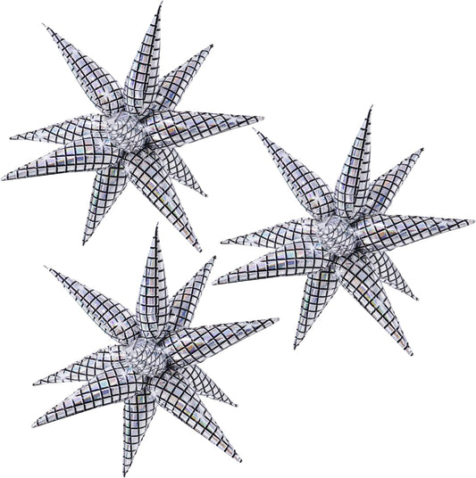 3pcs 32inch Iridescent disco explosion star foil balloons.Black white Foil Cone Star burst Balloons for disco Birthday Bachelorette Party decorations.