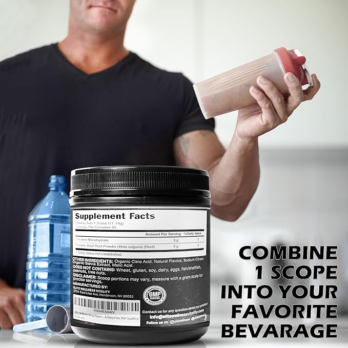 Elite Wellness Berry Flavor Creatine Monohydrate with Organic Beetroot Supplement - Supports Muscle Strength, Stamina, Cognitive Function & Athletic Performance, Gluten & Dairy Free, NSF Qualified