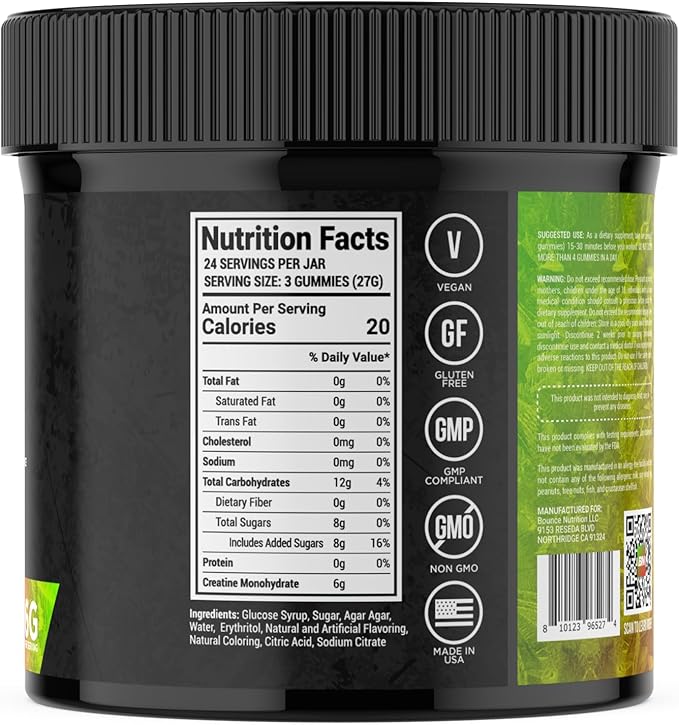 Bounce Pro Creatine Monohydrate Gummies for Men & Women, Low Calorie, 6G of Creatine per Serving, Vegan, Anti-Melting, Gluten-Free, Non-GMO, 2g of Creatine per Gummy (72ct, Cherry Lime)