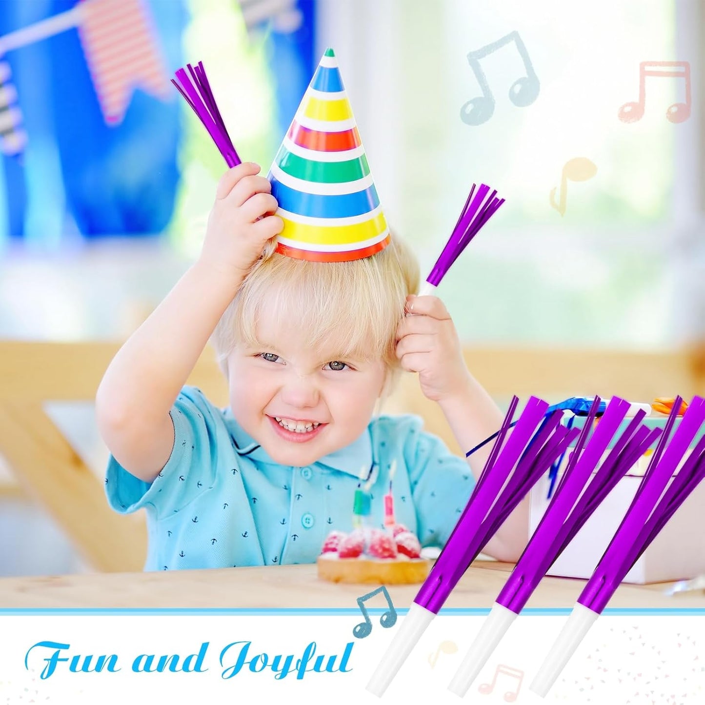 Noise Makers Party Horns, 48 Pack, Purple Metallic Glitter with Fringe, for Birthday, Wedding, New Year