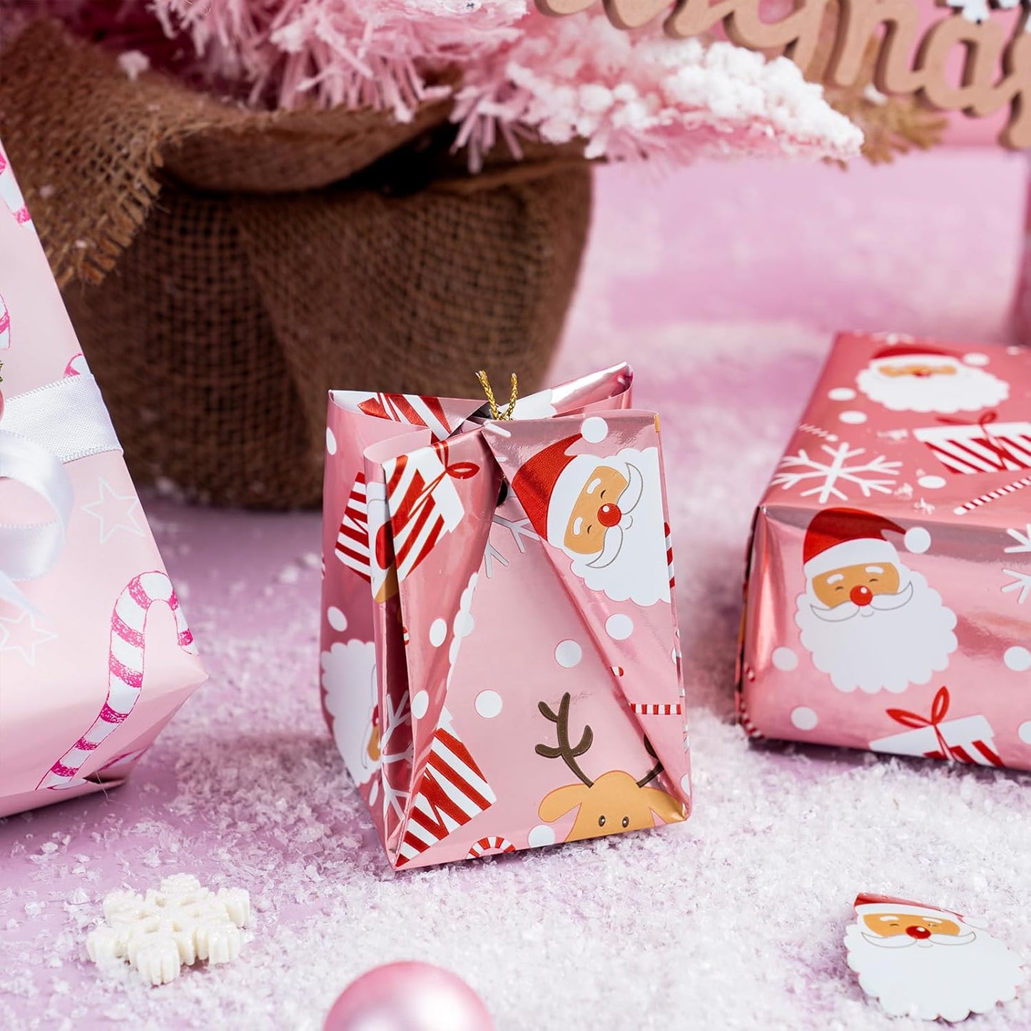 LeZakaa Christmas Pink Wrapping Paper Jumbo Roll, Santa Claus & Candy Cane, Metallic Foil, Rose Gold Foil Reversible Design for Festive Winter Holiday, Family Gathering, 30 inches x 100 Feet