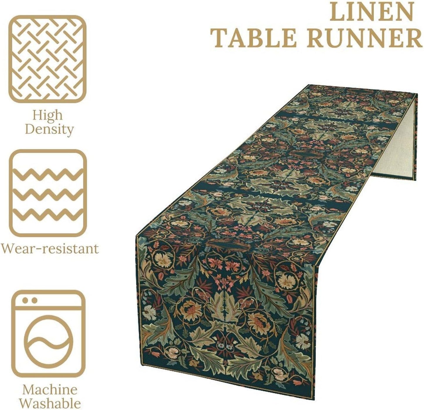 Green Morris Floral Table Runner, Boho Rustic Country Farmhouse Teal Red Rose Pattern for Home Kitchen Table Decor Dining Coffee Room Party Decor 13x72in