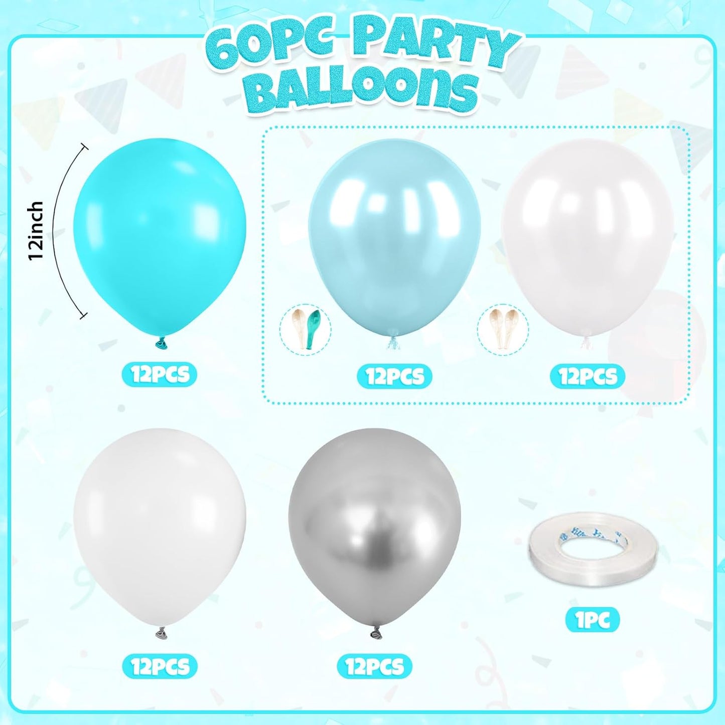 Double Stuffed Teal Balloons, 60pcs Teal Blue Silver Balloons, Pearl White Balloon For Girls Women Lady Birthday Baby Shower Party Wedding Bridal Shower Bachelorette Anniversary Engagement Decorations