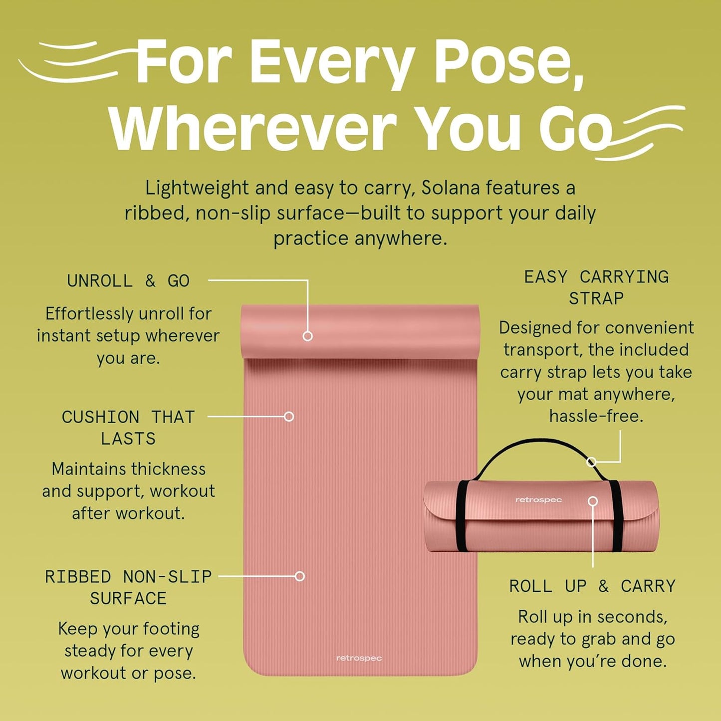 Retrospec Solana Yoga Mat 1" Thick With Nylon Strap For Men & Women - Non Slip Exercise Mat For Home Yoga, Pilates, Stretching, Floor & Fitness Workouts