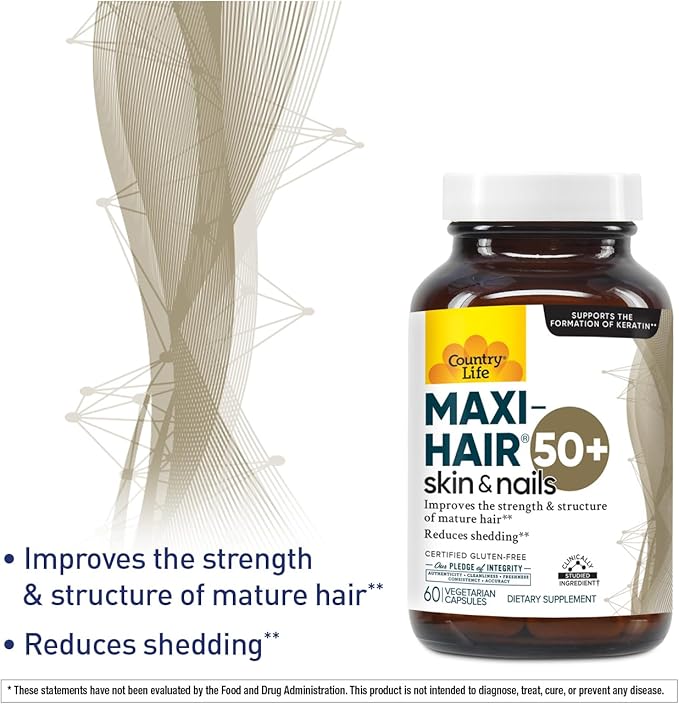 Country Life Maxi-Hair 50+ – Biotin-Based Hair, Skin & Nails Supplement for Women & Men Over 50 | Supports Healthy Hair Growth & Reduced Shedding | Certified Gluten-Free & Vegetarian | 60 Capsules