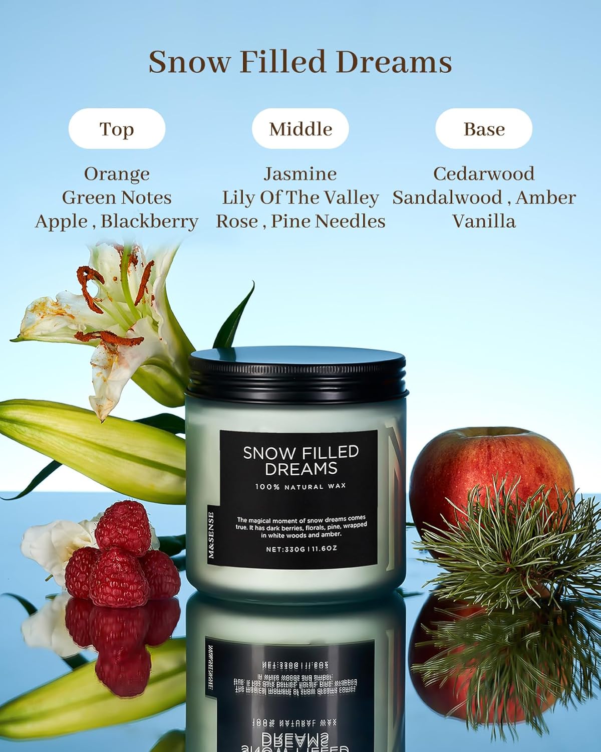 M&SENSE Snow Filled Dreams - Jasmine & Pine Scented Candle, 11.6oz Natural Soy Wax 70 Hours Long Lasting 2 Cotton Wick Aromatherapy Gifts for Home Decor, Winter Candle for Men and Women