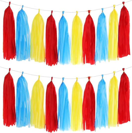 Aimto Red Blue and Yellow Tassel Garland Banner Paper Tassels for Party Decorations,Pack of 15