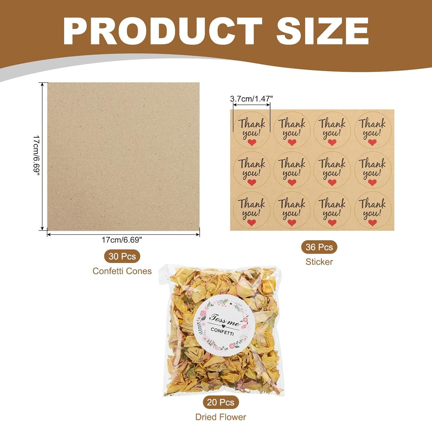 PATIKIL Dried Flower Confetti Cones, 30Pcs Paper Tapers Cone Holder with Dried Rose Petal / Sticker for Wedding Party Engagement Birthday DIY Decoration, Light Yellow/Pink