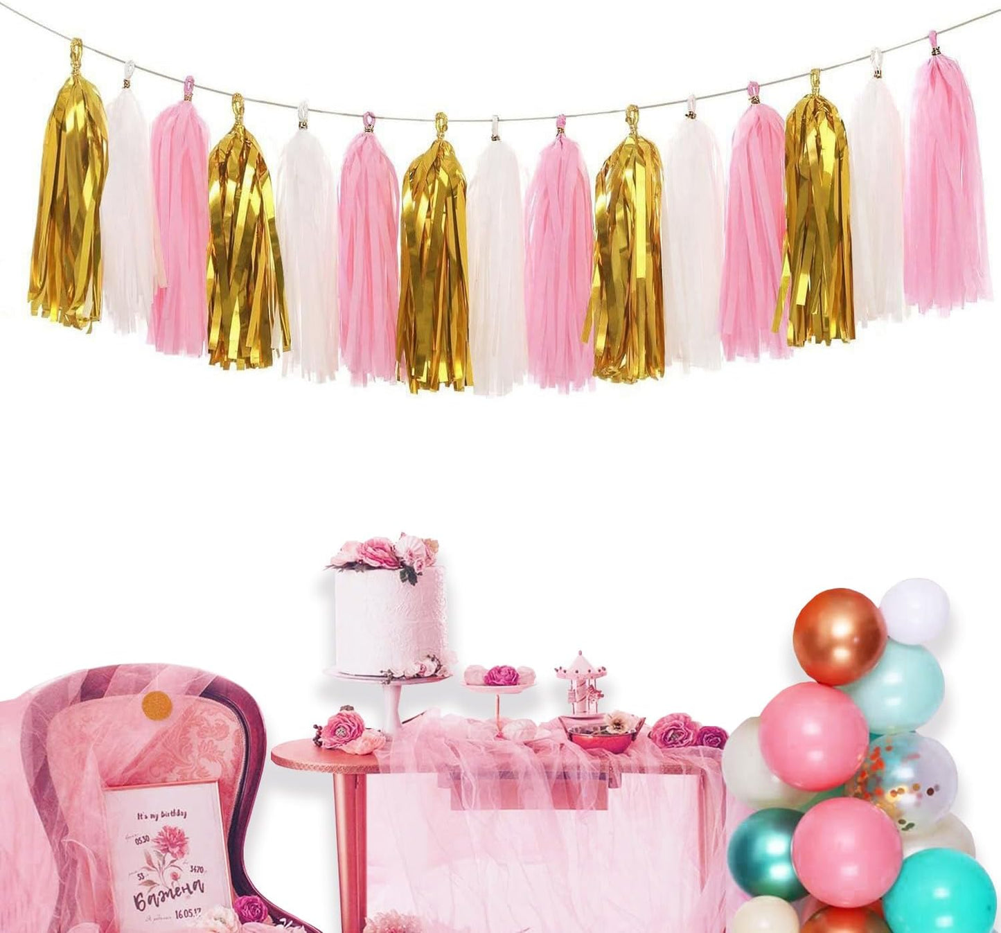 Paper Tassel Garland Banner - Tissue Paper Tassels for Bridal Shower, Wedding, Baby Shower, Birthday Decorations (Metallic Gold+Pink+White), 15 PCS