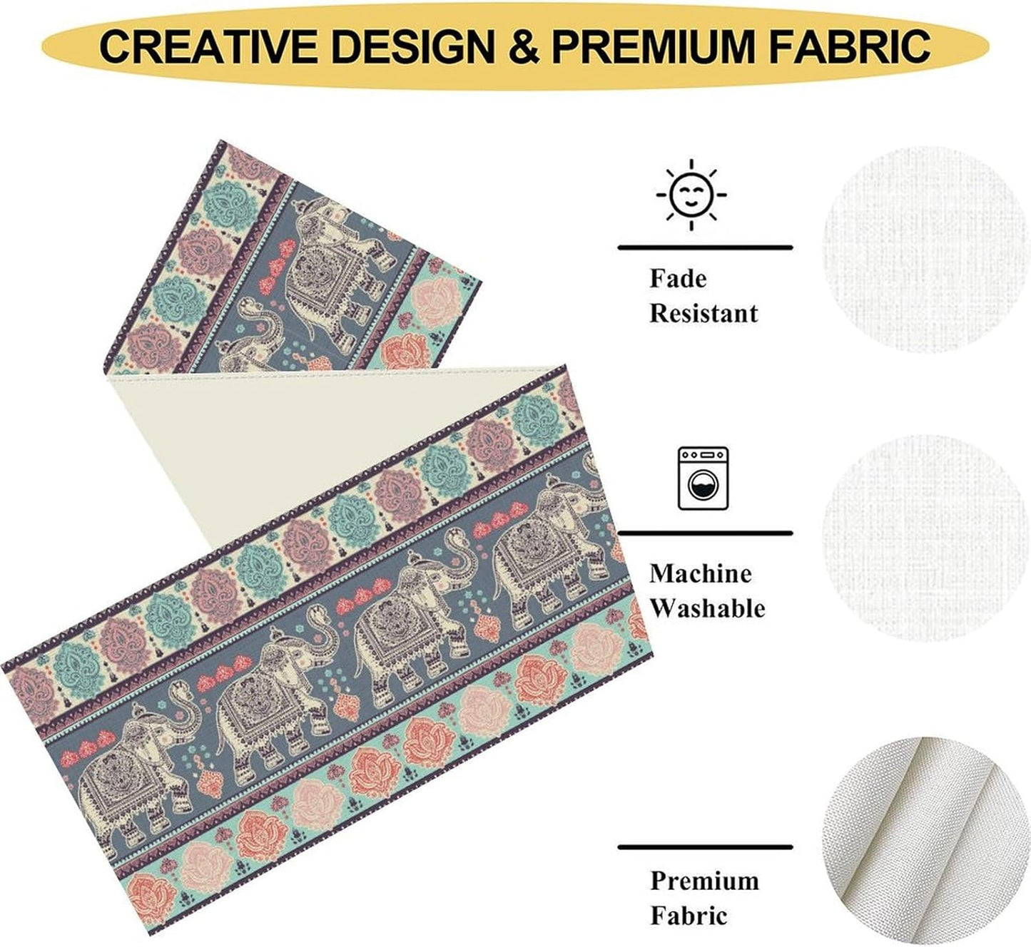 Boho Table Runner, Indian Bohemian Elephant Mandala Paisley Floral Hippie Art Print Table Center Decor for Home Kitchen Dining Patio Holiday Party Indoor Outdoor Table Decorations, 13"x90" Inch