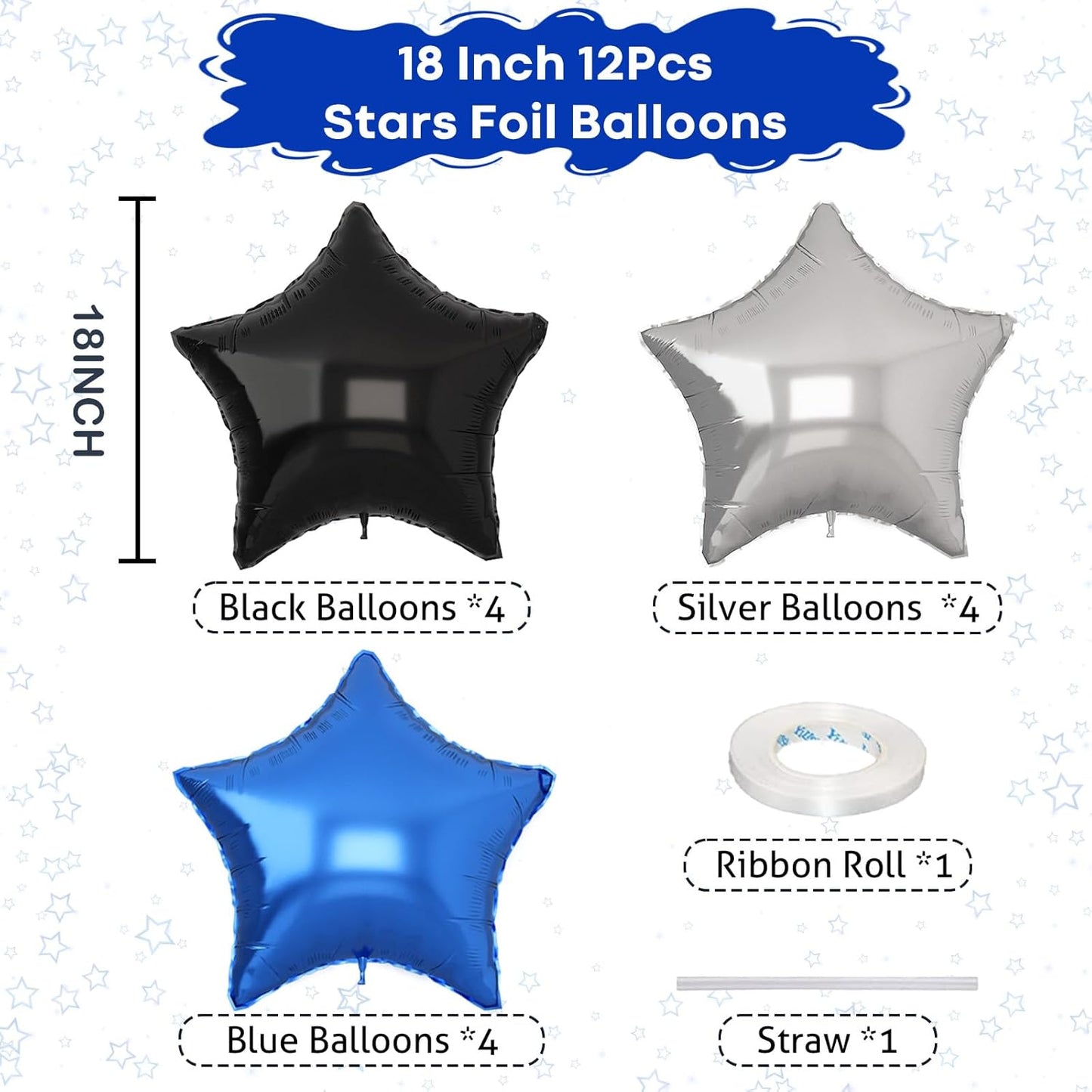 Blue Black Star Balloons Helium, 18Inch Silver and Blue Stars Shape Foil Balloon, 12Pcs Blue Pentagram Mylar Party Decoration for Boy Men Birthday Graduation Space Theme Eid Party Baby Shower Supplies