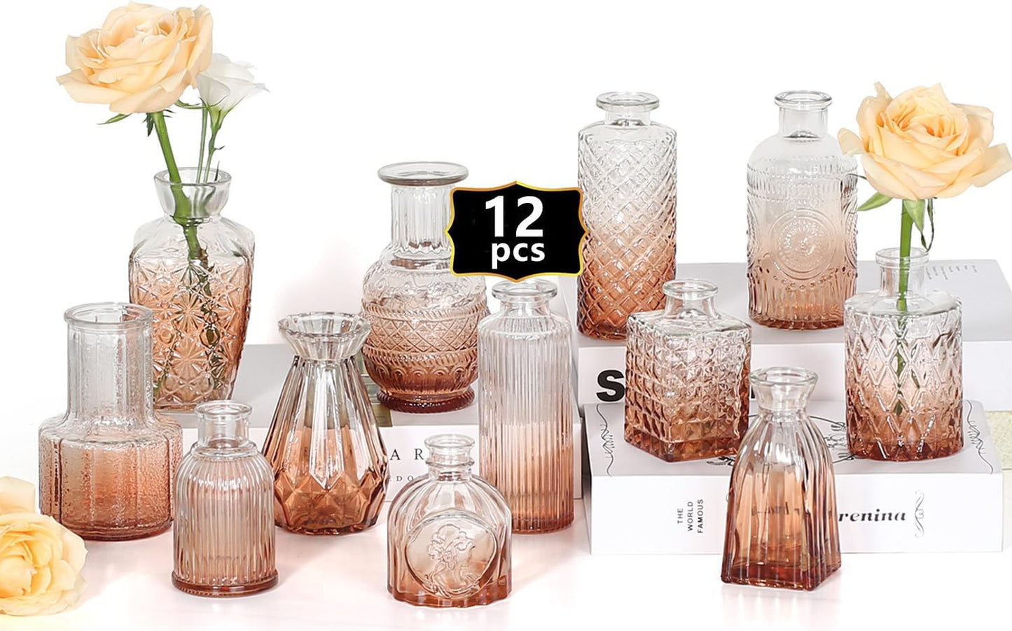 Mini Bud Vases Set of 12 As Wedding Centerpieces for Tables,Clear Bud Vases for Flowers,Small Flower Vases Suitable for Birthday Party,Anniversary,Wedding Reception,Baby Shower (Pink, 12PCS)