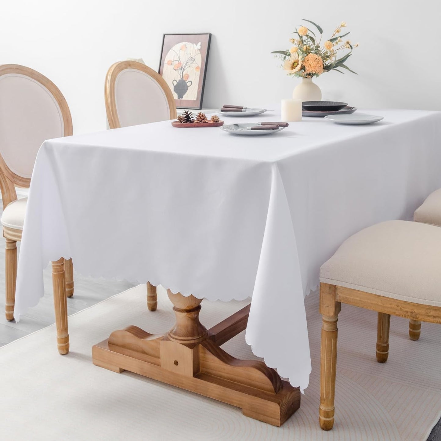 Rectangle White Tablecloth 60 x 84 Inch Polyester Fabric Washable Table Cloth Decorative Wrinkle Resistant Solid Color Table Cover for Dining Party Wedding Camping