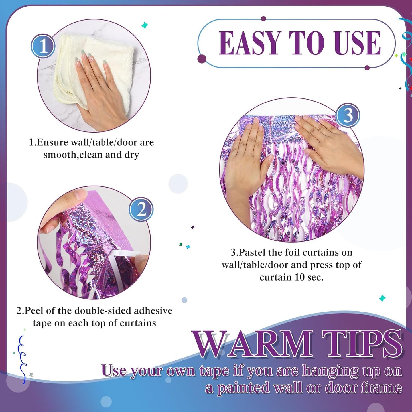 Jutom 6 Pieces 3.3 x 6.6 ft Wavy Tinsel Foil Fringe Curtains Foil Fringe Streamer Backdrop Party Curtain for Sea Mermaid Baby Shower Birthday Party Decoration(Purple)