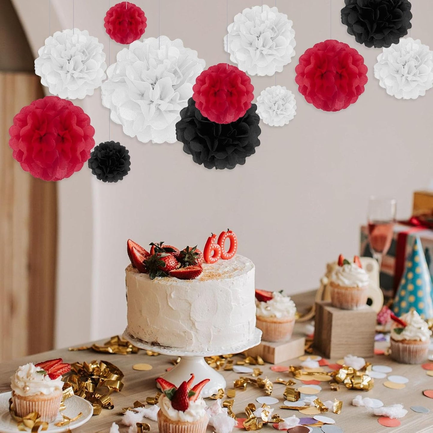 Tissue Paper Pom Poms, Black White Red Tissue Paper Flowers, Hanging Flower Balls for Weddings Fiesta Parties Birthday Baby Showers Classroom Bridal Shower Decoration (18Piece Set-6/10/12/14Inch)