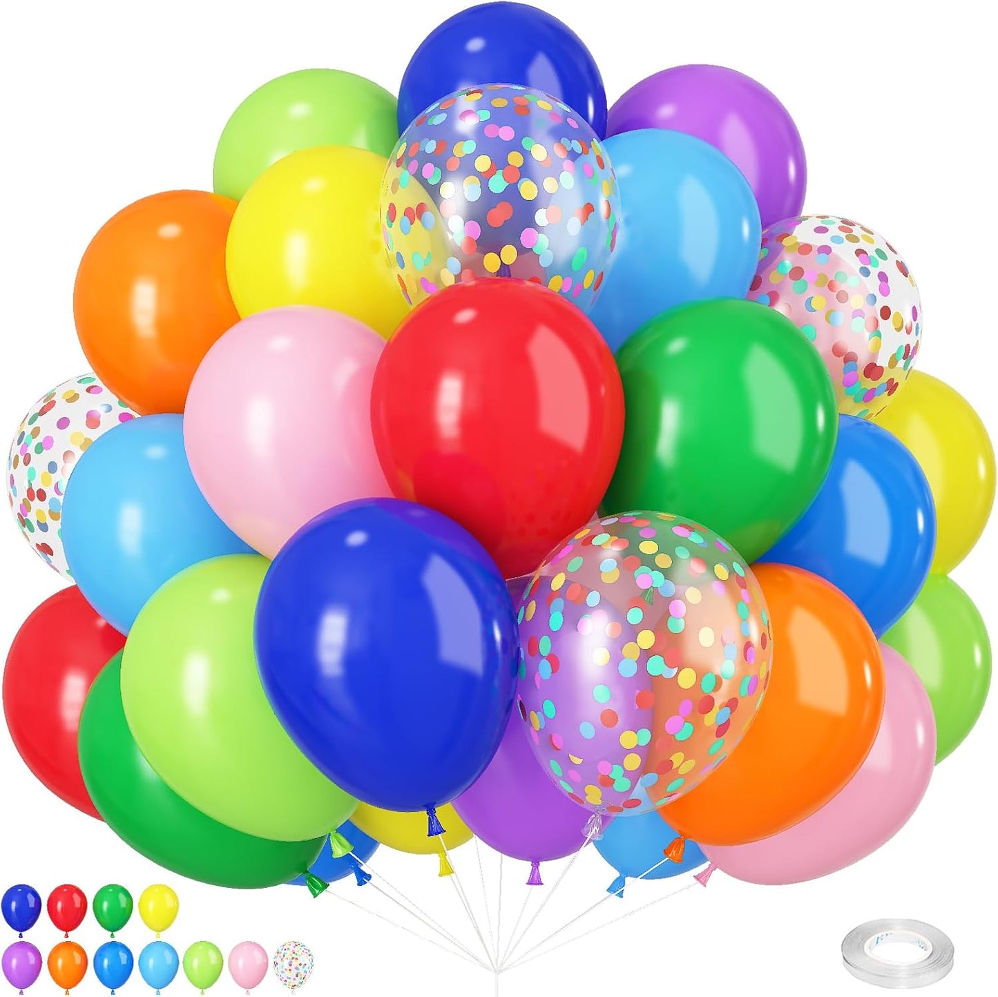 Colorful Balloons Rainbow Assorted Colors Balloons Set 12Inch Red Blue Yellow Green Pink Purple Orange Latex Party Balloon with Multicolor Confetti Balloon for Birthday Carnival Party Decorations