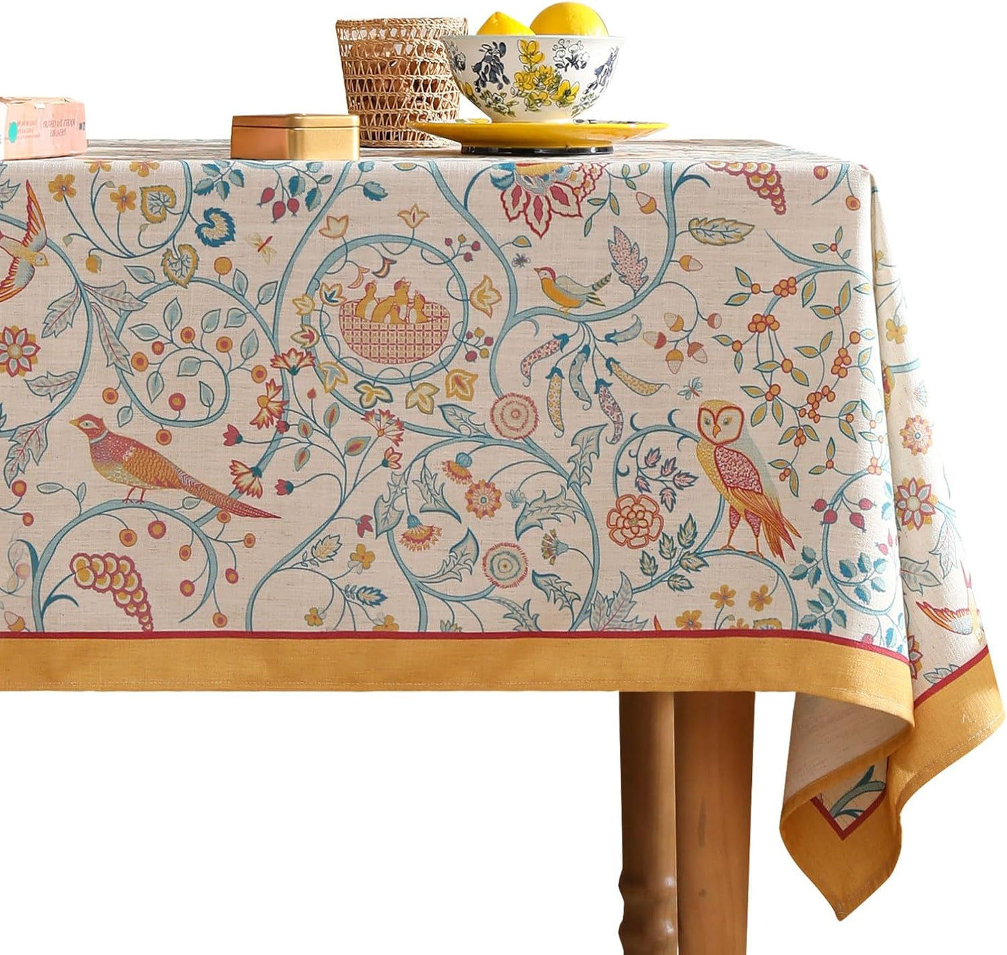 patdrea Designer Vintage Small Square Table Cloth,Yellow Linen Floral Birds Pattern Colorful Tablecloths,Decorative Table Cover for Kitchen Dining Banquet,Christmas,Thanksgiving,55"x55"-Magnolia