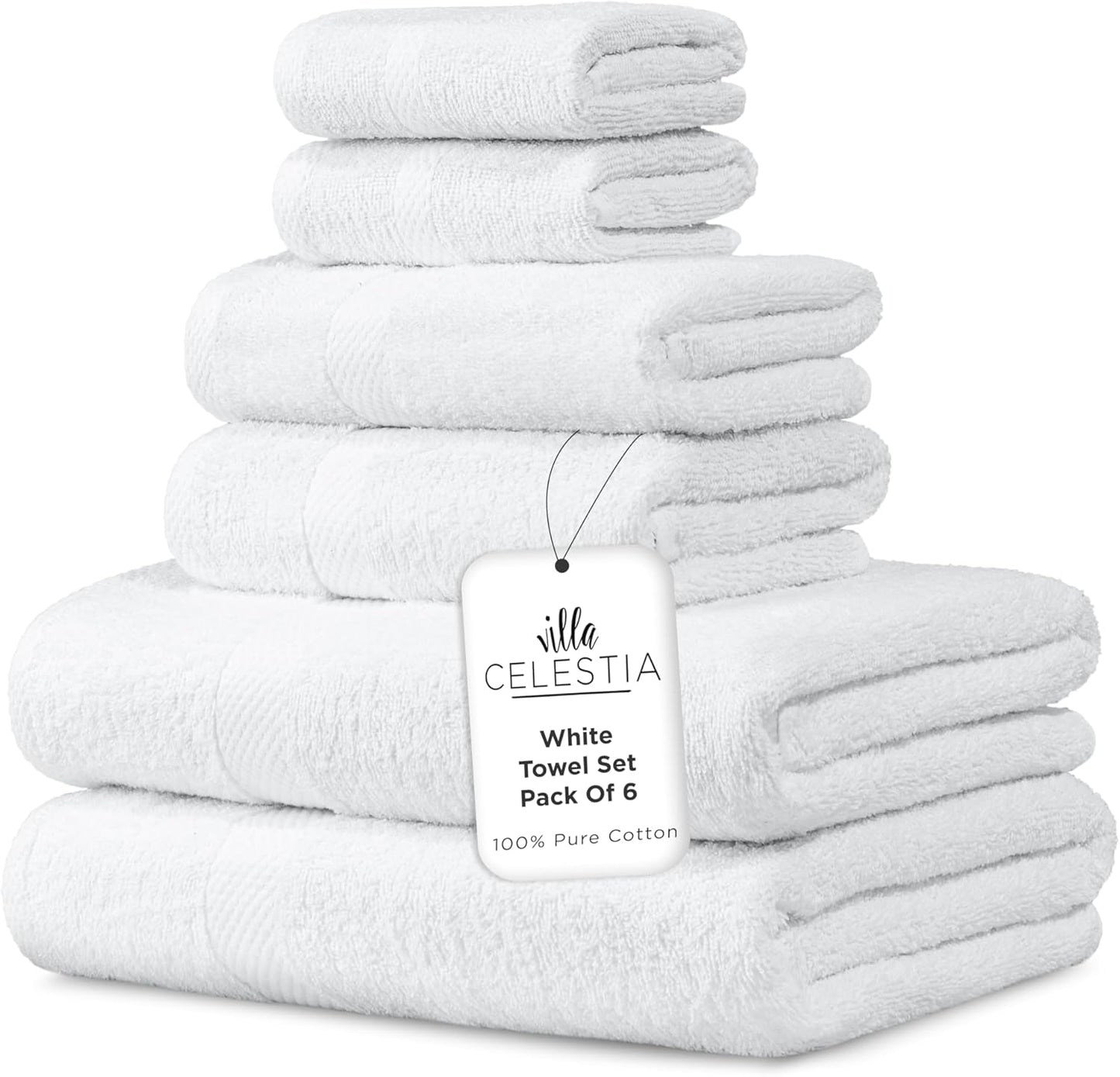 100% Combed Cotton Bathroom Towel Set of 6- 2 Bath Towels, 2 Hand Towels, 2 Wash Cloths, Sustainable, Soft, Highly Absorbent 6 Piece Cotton Bath Towel Set Ideal for Hotels, Spa, Bathroom, Dorm, White