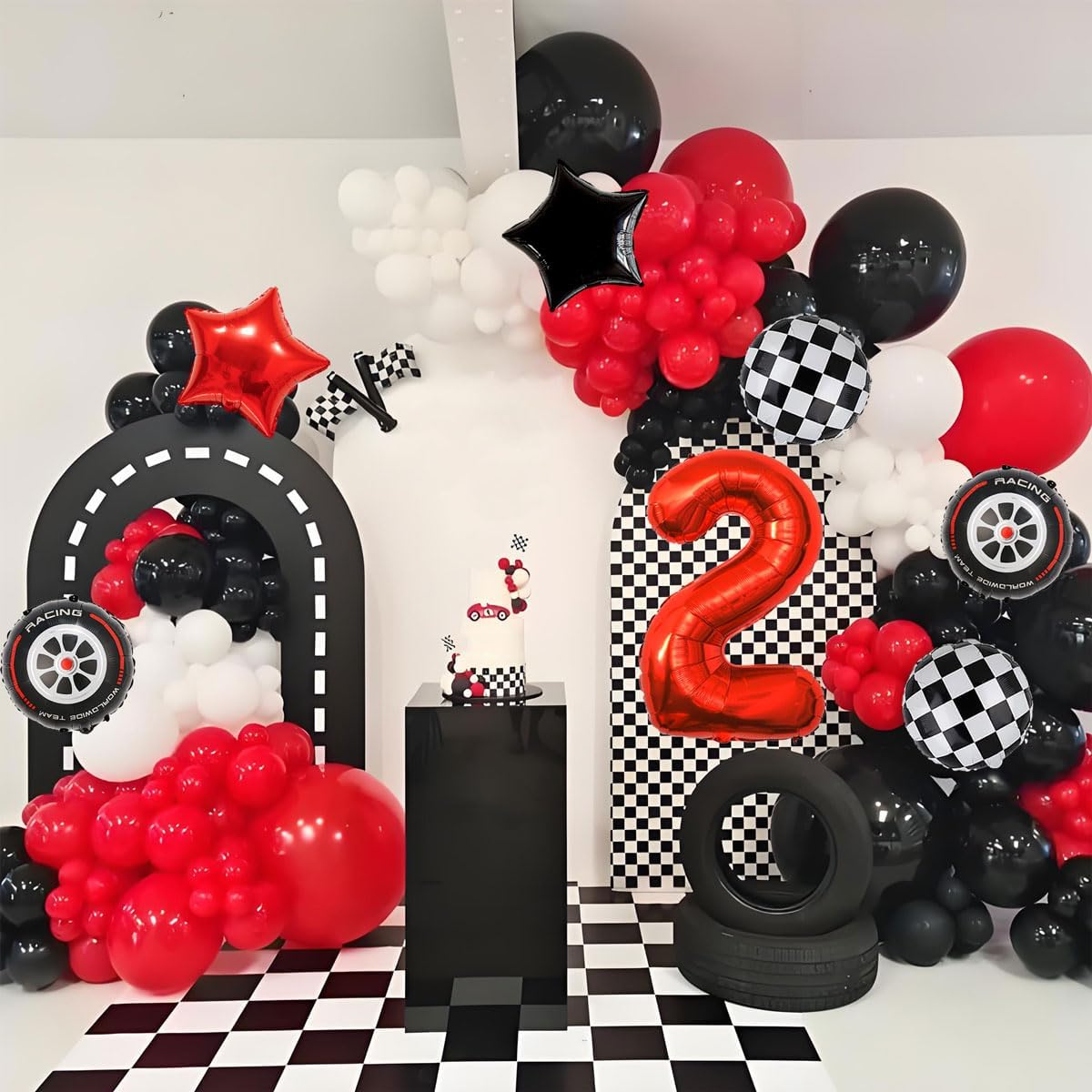 Race Car Birthday Decorations - 40 Inch Mylar Red Number 2 Balloons - Black Foil Checkered Race Car Balloons for 2st Birthday Race Cars Themed Party Decorations Supplies