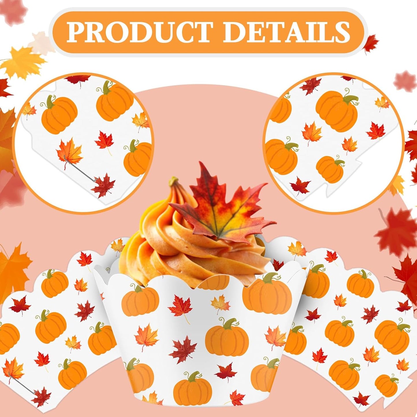 Domensi 100 Pcs Fall Pumpkin Maple Leaf Cupcake Wrappers Rustic Cupcake Liners Thanksgiving Baking Cups Baking Liners for Autumn Wedding Bridal Baby Shower Birthday Party Supplies Dessert Decoration