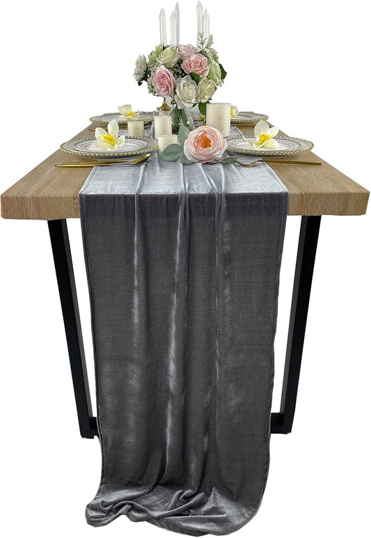 Luxurious Velvet Table Runner, 10ft Wedding Reception Decorations, 20x120inch Soft Velvet Fabric, Table Linen Overlay, Wedding Table Runners (Gray, 20X120inch)
